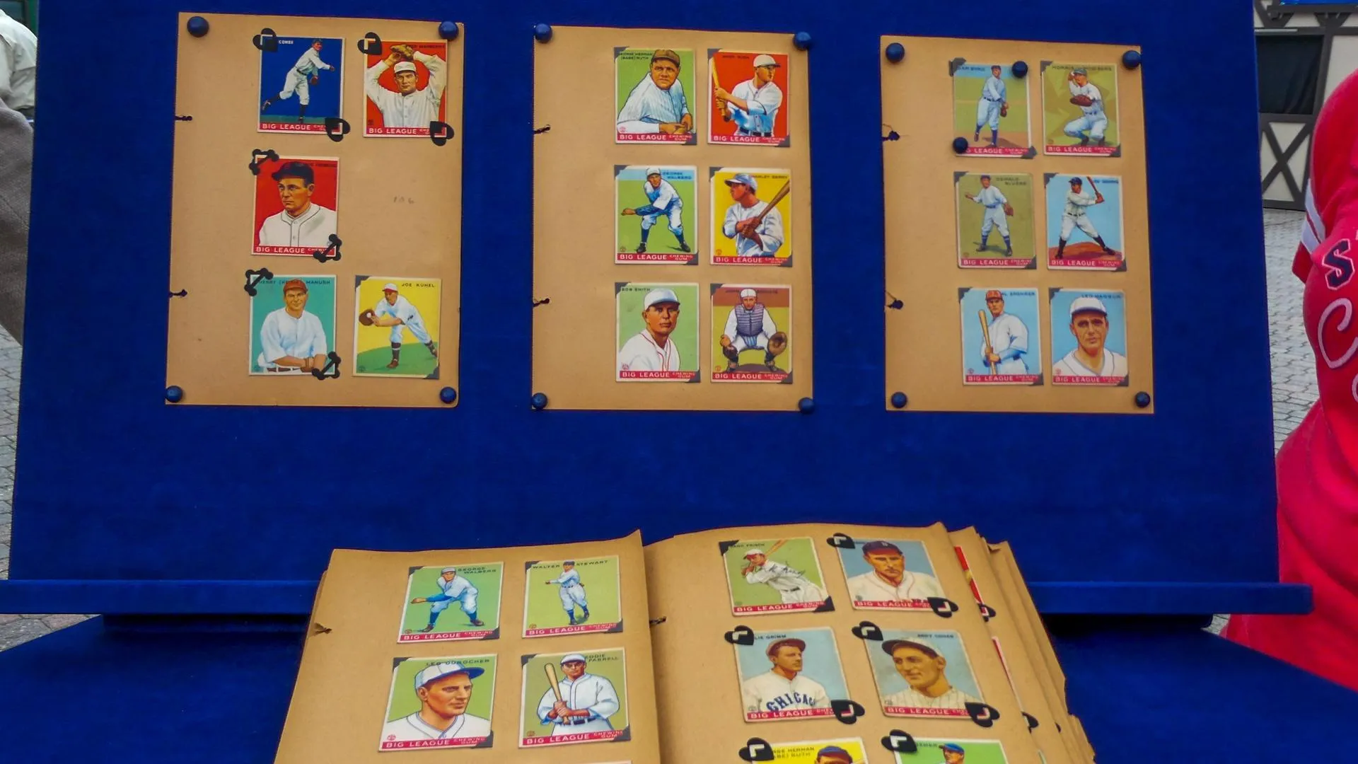 A series of baseball cards mounted on a display board in rows.