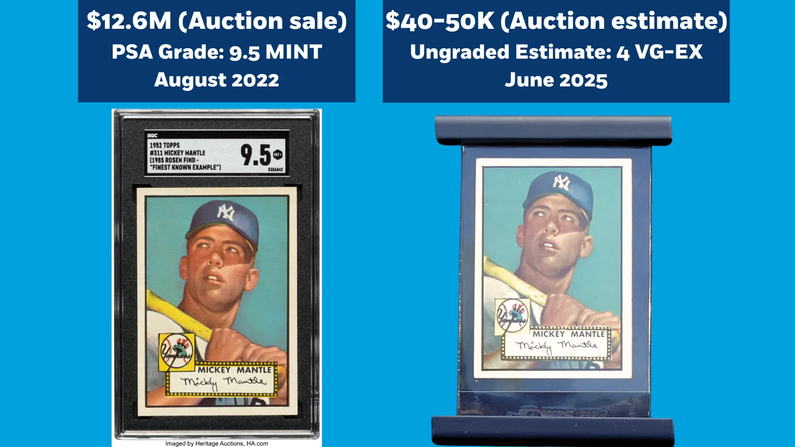 Side-by-side comparison of two 1952 Mickey Mantle Topps rookie baseball cards