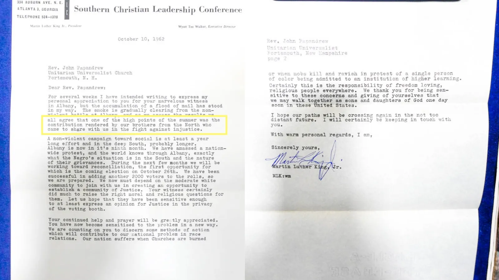 Side-by-side photo of a typewritten letter from Dr. Martin Luther King Jr. to Rev. John Papandrew dated October 10, 1962
