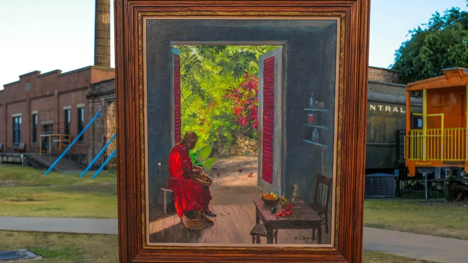 A painting of a woman in red sitting on a stool in front of two open doors leading to the outside.