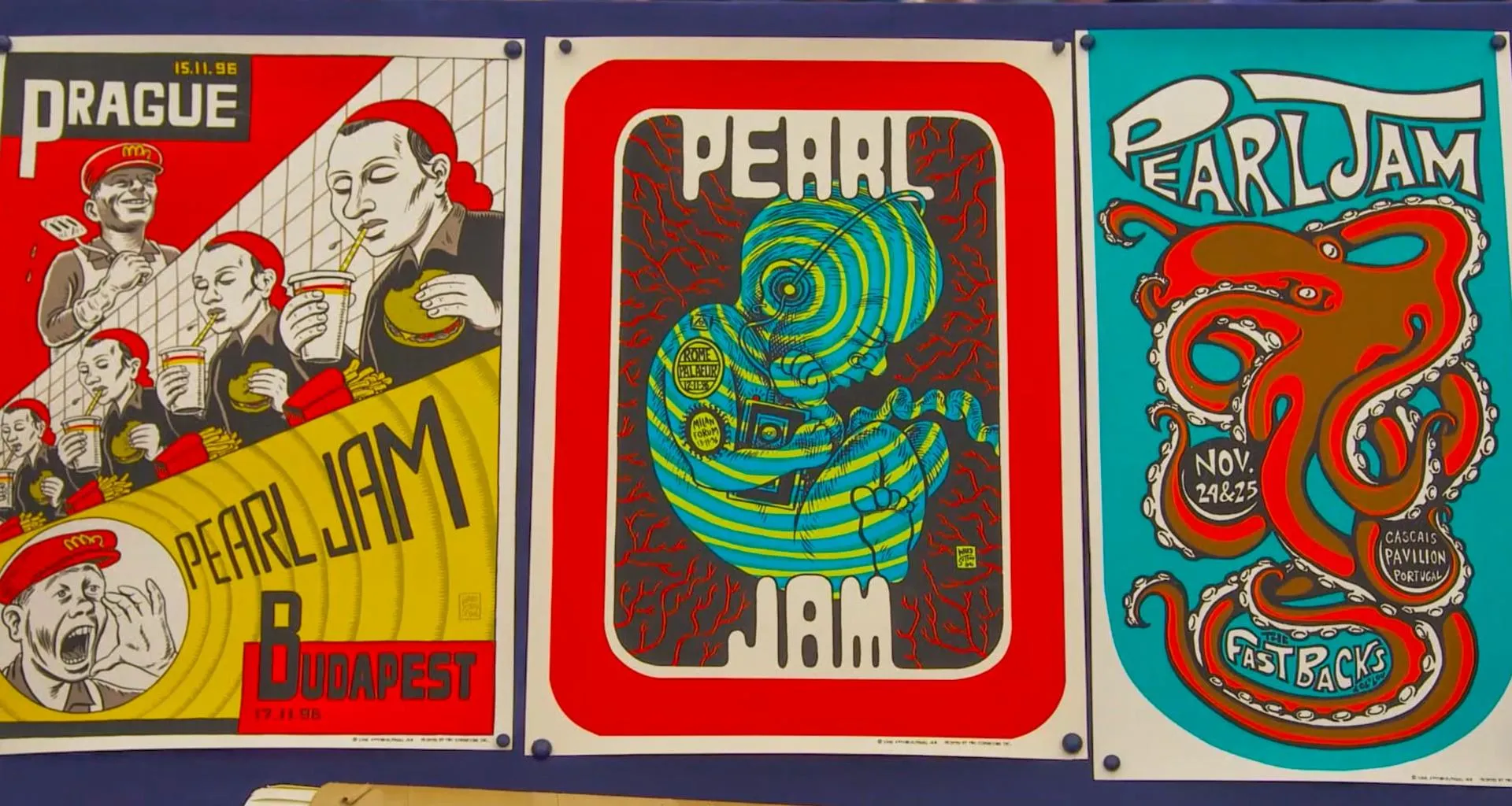 Three different Peal Jam posters of various colors and designs placed side by side.