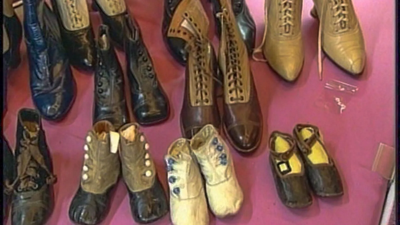 Rows of shows with buttons and laces placed in rows against a pink background