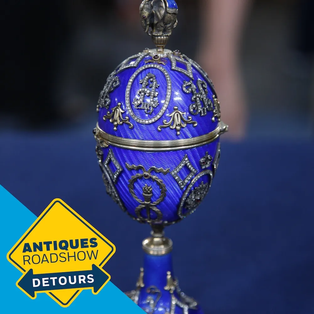 Close-up photo of a blue and gold Fabergé egg for Detours Podcast Season 7 Ep 1 The Fake that Is or Isn't