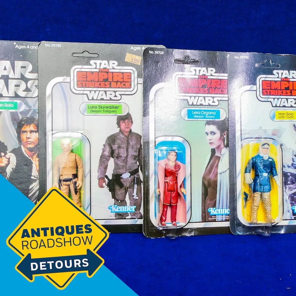 Close-up image of Star Wars Empire Strikes Back toy figurines arranged side-by-side in their original packaging