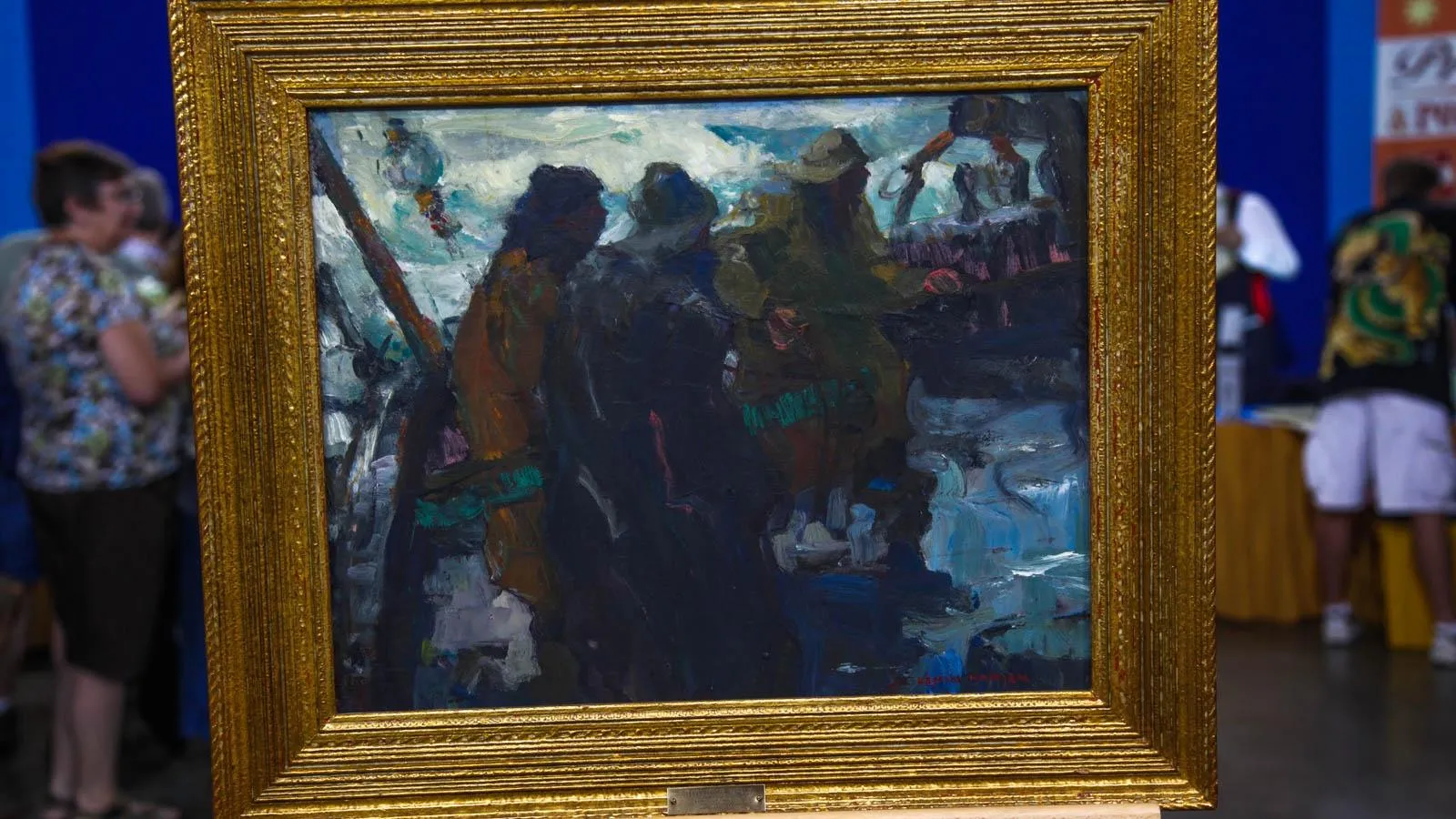 Framed oil painting of three men in heavy outerwear who are on a boat that is being hit by a storm.