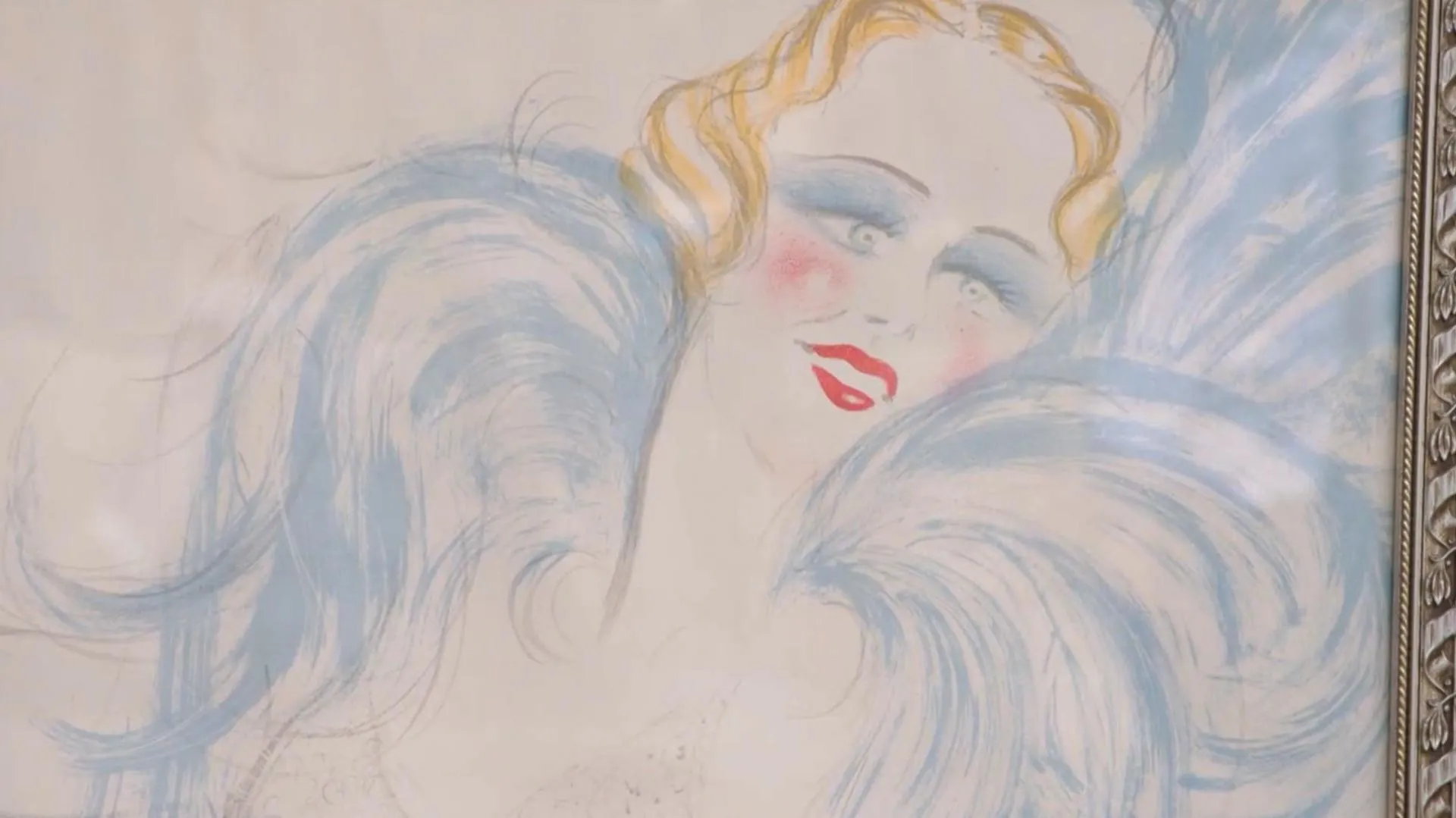 A close up of a poster featuring a drawn blonde figure with blue eyeshadow and blue feather collar.
