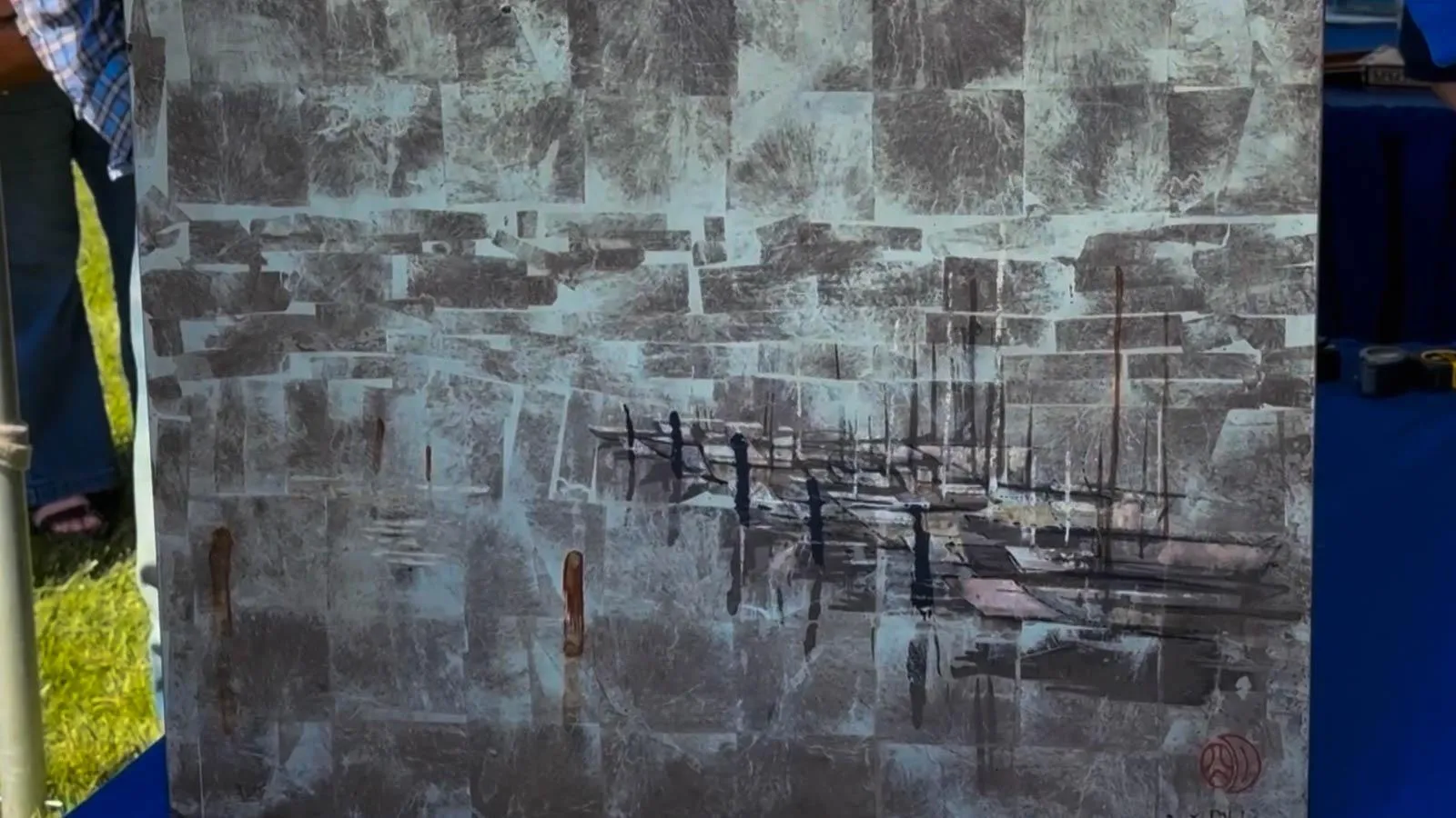 1999 Nguyễn Văn Minh Silver Foil & Lacquer Painting - large gray painting, consisting of boxes and black lines