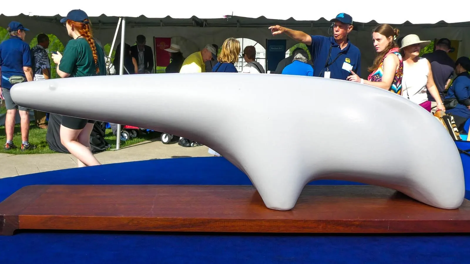 A white minimalist anteater sits on top of a wooden platform on a blue display table.