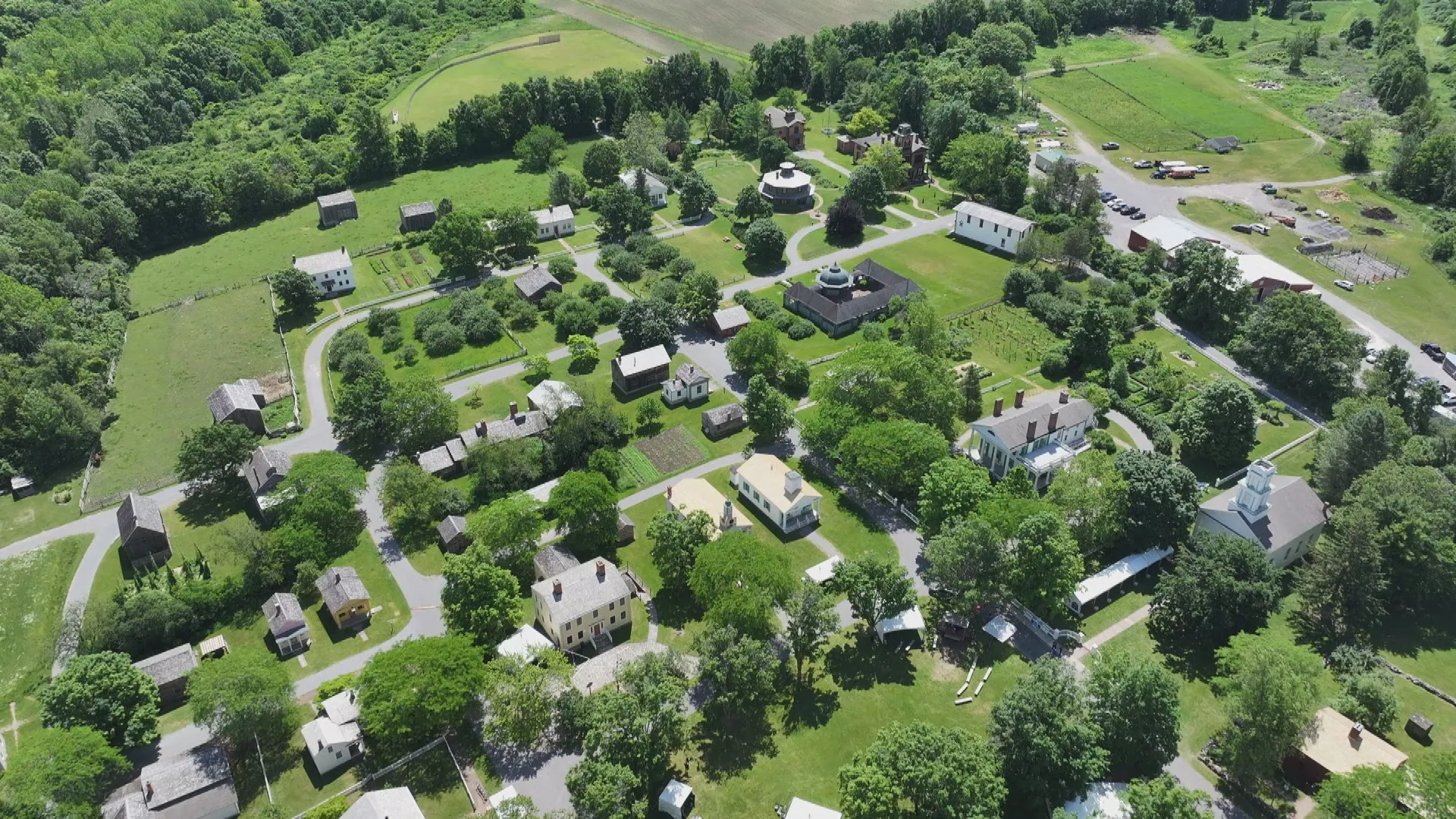 An aerial image of the Genesee Country Village & Museum in Mumford, NY.