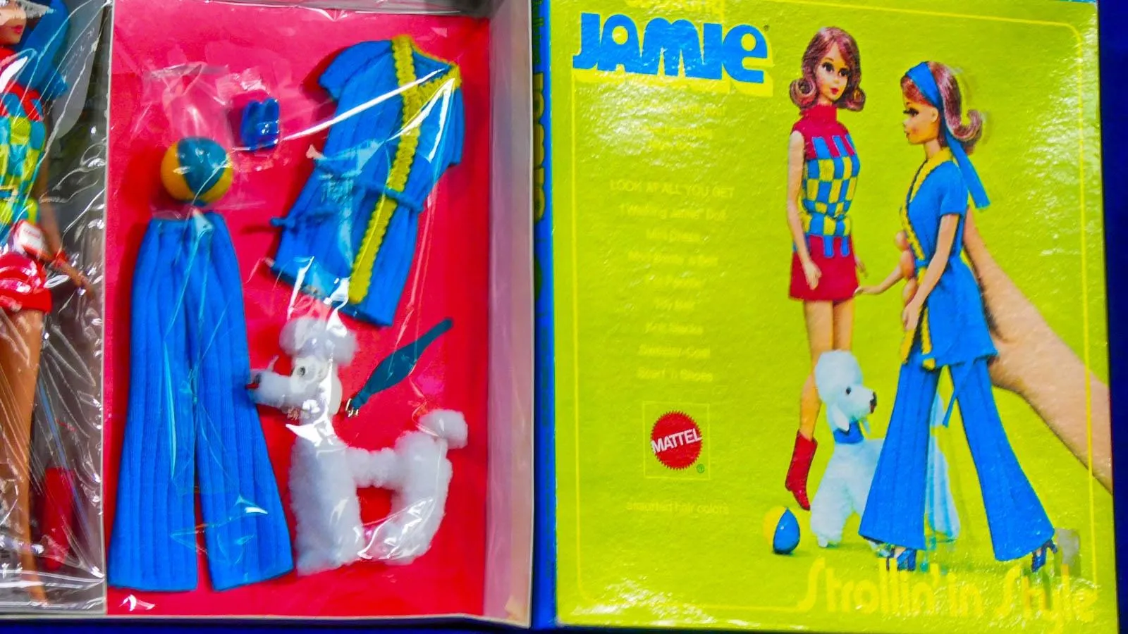 Close up of the outside packaging of a Jamie Doll - a bright green and blue backdrop with the doll walking. On the left is packaged Jamie clothing: blue pants and dress with a poodle.