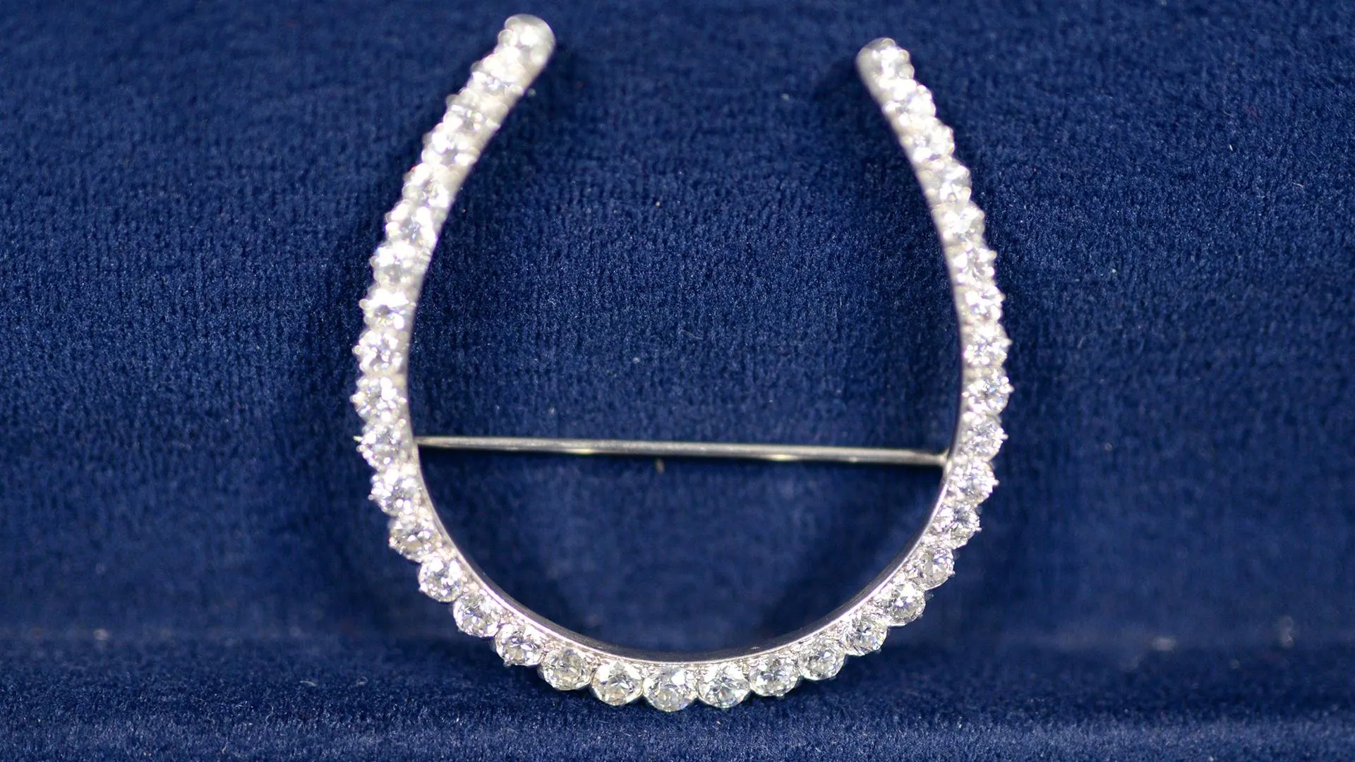 Zoom-in of small horseshoe pin with diamonds.