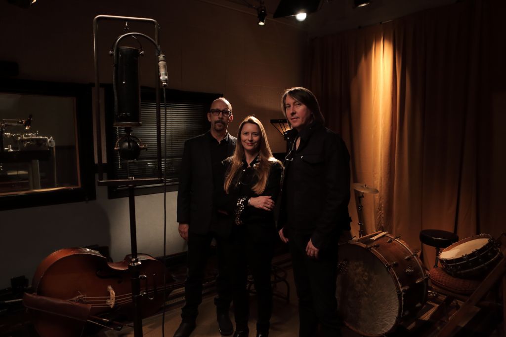 (l to r) "American Epic" Producers Duke Erikson and Allison McGourty and Director Bernard MacMahon on the set of "The American Epic Sessions." Credit: ©2017 Lo-Max Records Ltd.