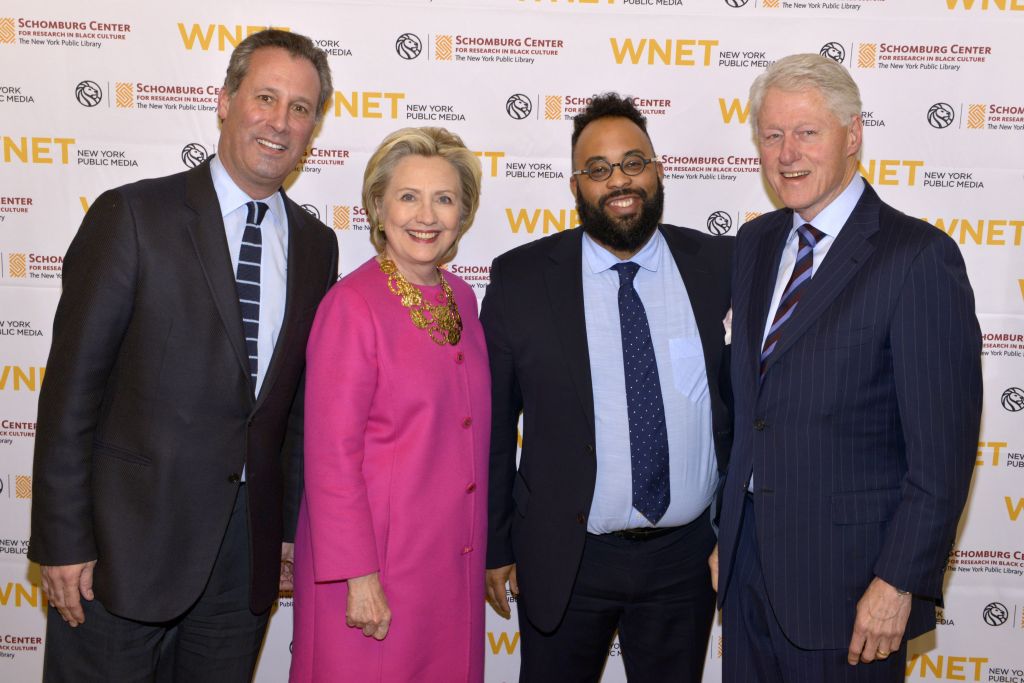 Tony Marx, Sec. Clinton, Kevin Young, and Pres. Clinton. Photo Credit: Joseph Sinnott/©2017 WNET