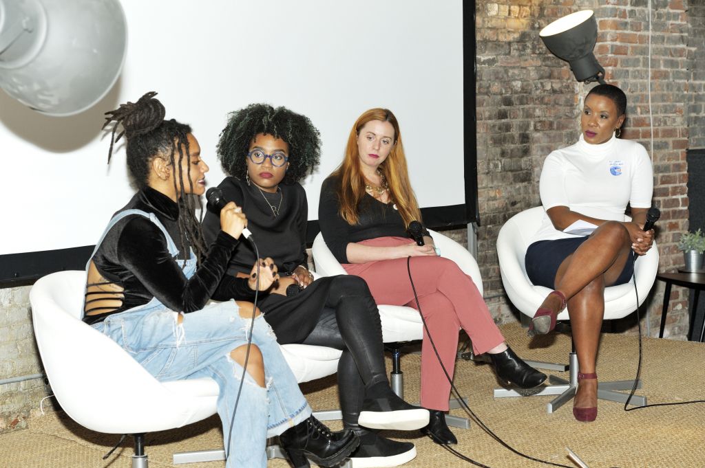 From L-R: panelists Tatyana Fazlalizadeh, Rakia Reynolds and Sara Chipps with moderator Jenna Flanagan.