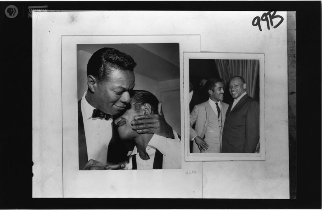 Nat King Cole embracing Sammy Davis, Jr. Credit: Sammy Davis, Jr. Estate