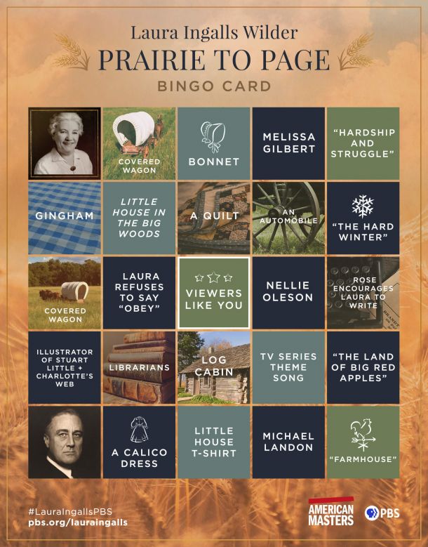 A bingo card with words and graphics to accompany the film "Laura Ingalls Wilder: Prairie to Page."