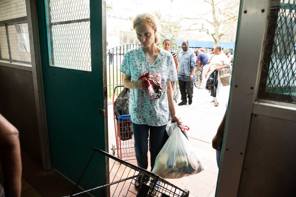 A home healthcare worker in line at The Action Center, Rockaway Beach