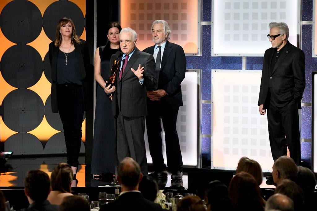 BEVERLY HILLS, CALIFORNIA - JANUARY 11: (L-R) Jane Rosenthal, Emma Tillinger Koskoff, Martin Scorsese, and Robert De Niro accept Best Movie for Grownups for 'The Irishman' from Harvey Keitel onstage during from AARP The Magazine's 19th Annual Movies For Grownups Awards at Beverly Wilshire, A Four Seasons Hotel on January 11, 2020 in Beverly Hills, California. (Photo by Michael Kovac/Getty Images for AARP)