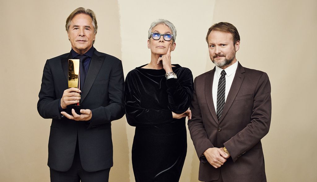 "Knives Out" actors Don Johnson, Jamie Lee Curtis with the film’s director, Rian Johnson. Photo by Peter Yang.