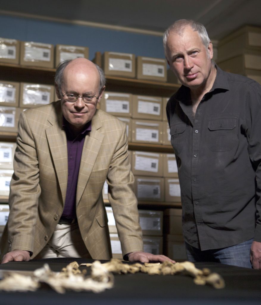 Professor John Blair & Ian Meadows with bones at Museum of London Archaeology.