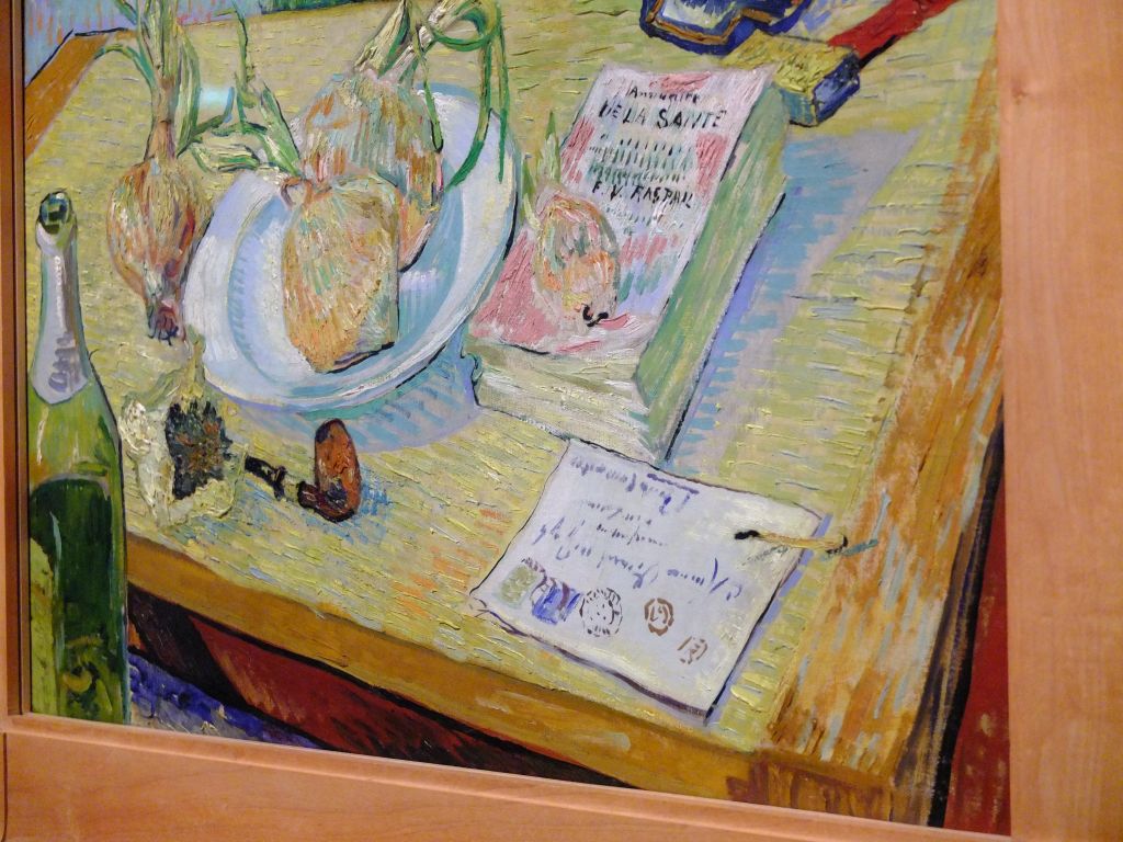 Detail from Still Life with a Plate of Onions, 1889, Vincent van Gogh, in position for the exhibition "On the Verge of Insanity:  Van Gogh & His Illness"