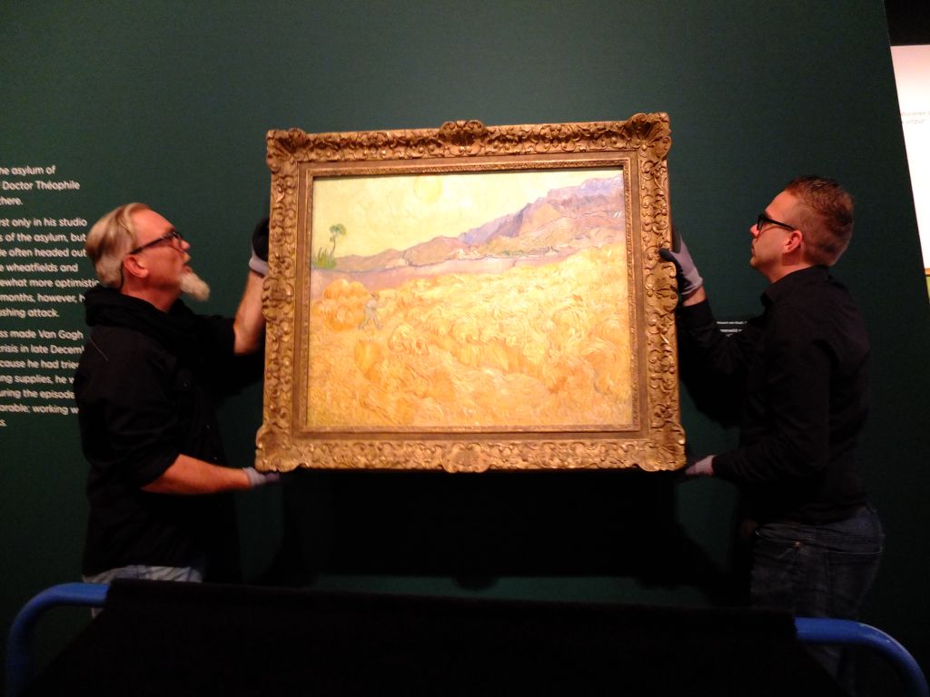 Hanging Wheatfield with a Reaper, 1889, Vincent van Gogh in readiness for exhibition "On the Verge of Insanity:  Van Gogh & His Illness"