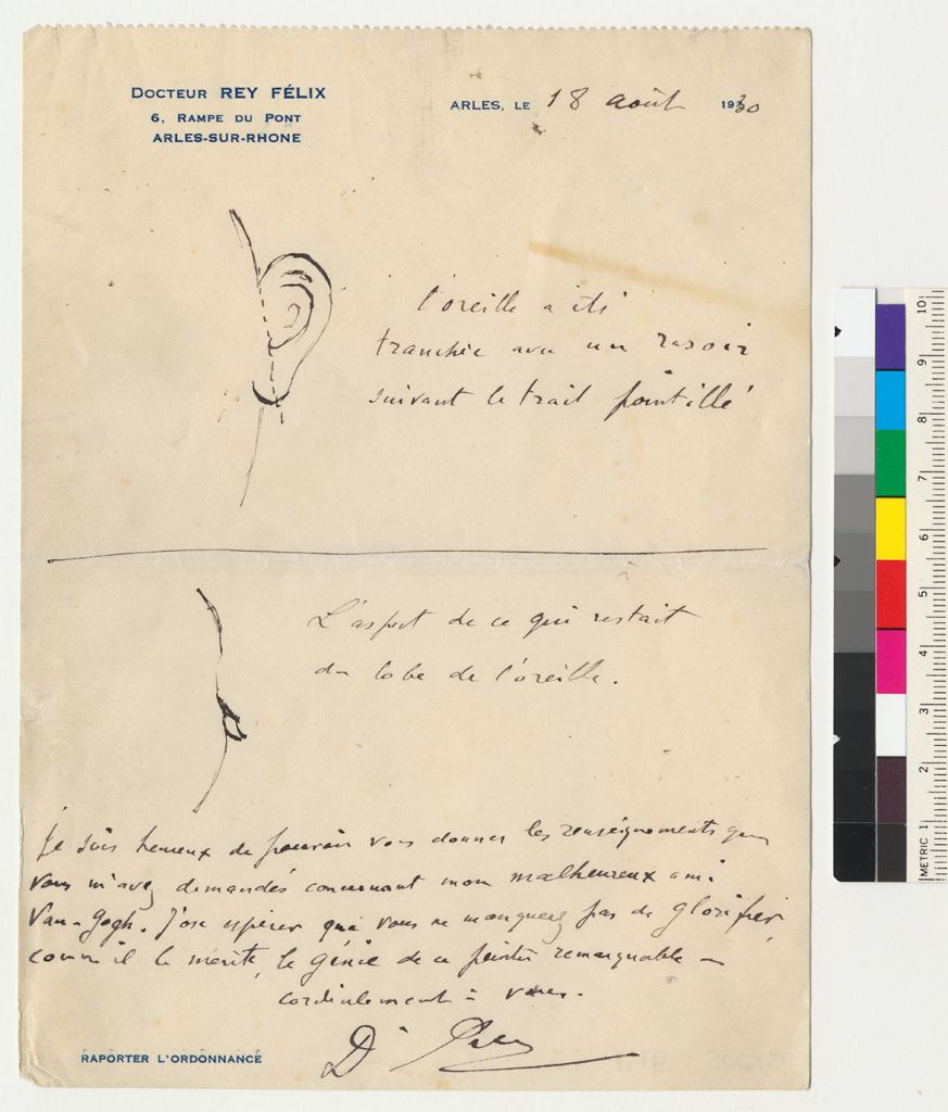 Copy of Dr Felix Rey's drawing illustrating the mutilation to Van Gogh's ear