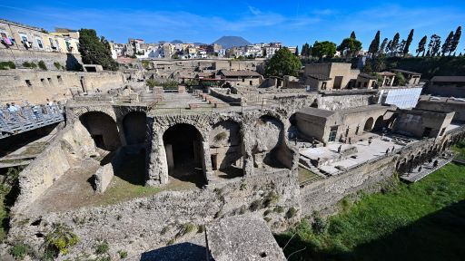 A general view shows the archaeological site of Herculaneum in Ercolano, near Naples, with the Mount Vesuvius volcano in the background, on October 23, 2019. (Photo by ANDREAS SOLARO / AFP) (Photo by ANDREAS SOLARO/AFP via Getty Images)